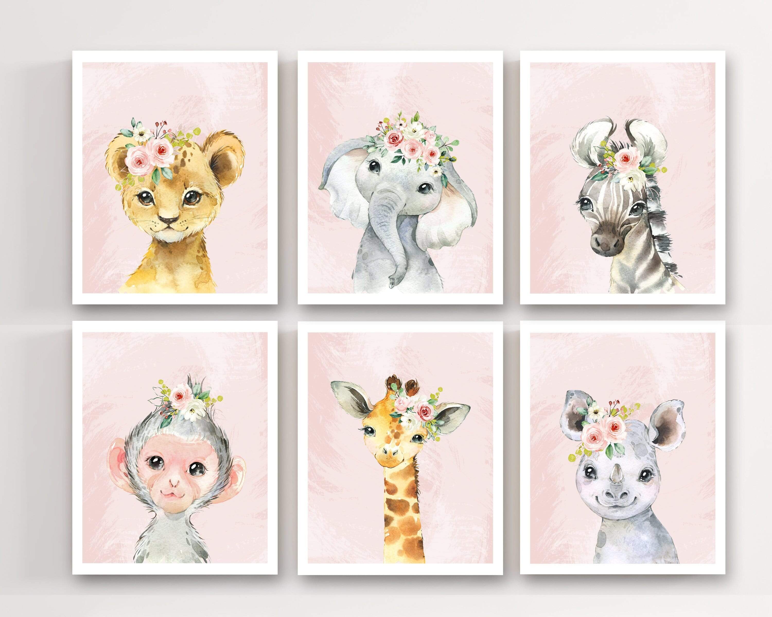Girls nursery decor - Pink safari animal prints - Baby animal prints - Baby girl nursery wall art - Girl safari nursery decor - Pink flowers nursery art print baby nursery bedroom decor