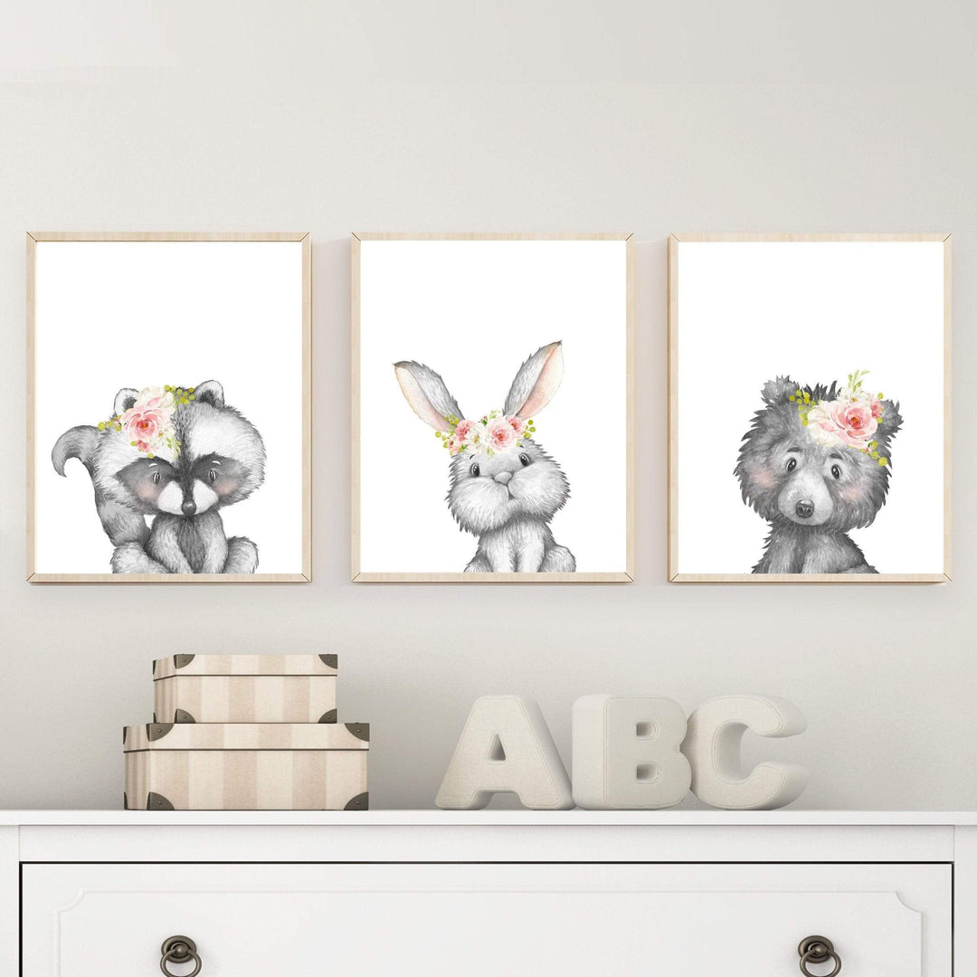Girls nursery decor - Woodland nursery prints - Girls woodland nursery - Woodland creatures - Pink nursery wall art - Raccoon Rabbit Bear nursery art print baby nursery bedroom decor