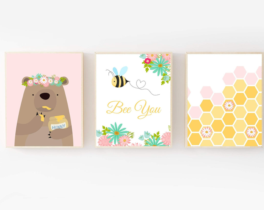 Honey bee nursery decor - Nursery Bumble Bee Wall Art Print, Bear and bee kids room decor, Suits Yellow Nursery and Bedroom Decor - Pink nursery art print baby nursery bedroom decor