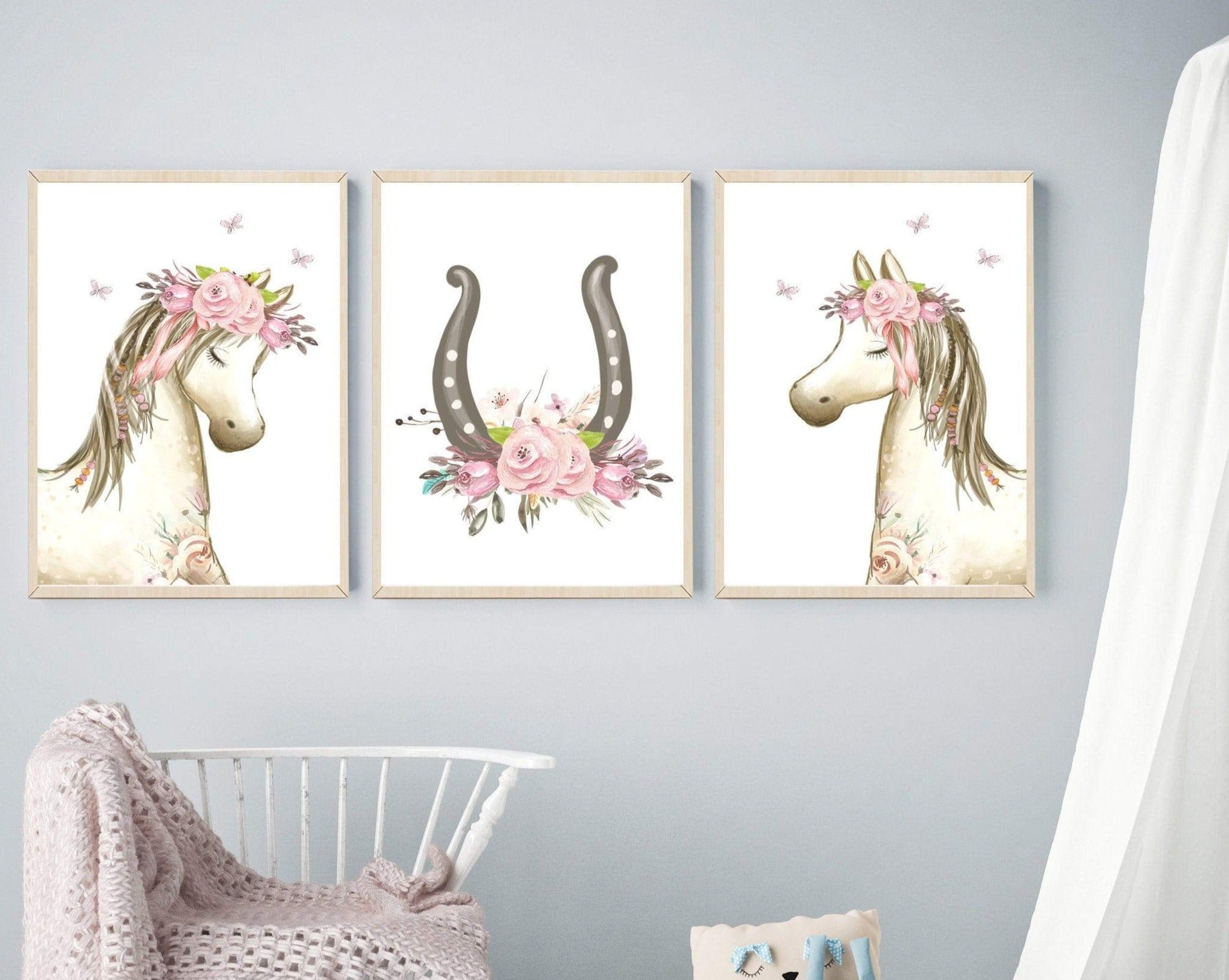 Horse nursery decor - Girls horse art prints - Horse nursery print - Pony wall art - Floral horse prints - Watercolor horse print - H2234 nursery art print baby nursery bedroom decor