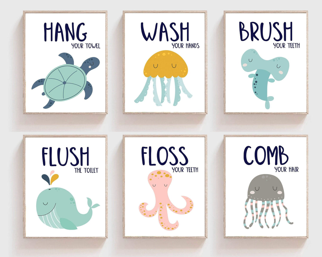Kids bathroom decor - Brush your teeth - Wash your hands - Hang your towel - Flush the toilet - Bathroom rules - Kids bathroom wall art nursery art print baby nursery bedroom decor