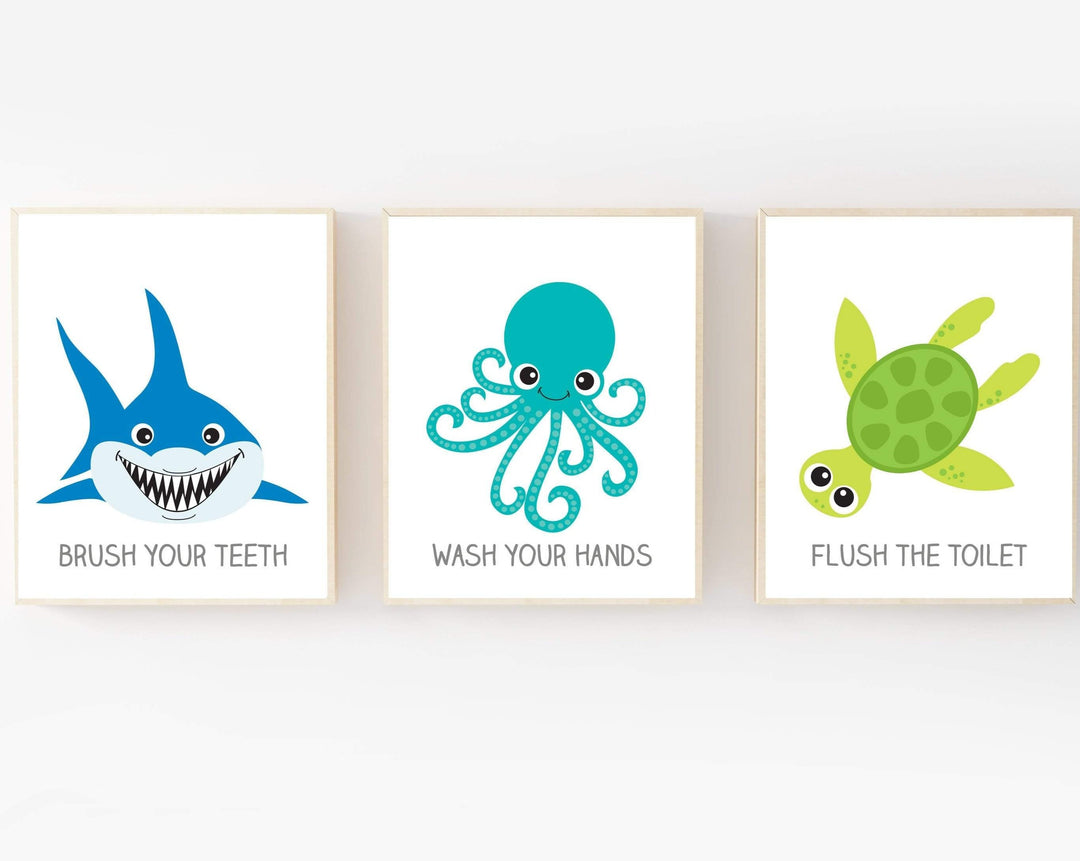 Kids bathroom wall art - Bathroom prints kids - Kids bathroom wall decor - Bathroom signs - Wash your hands - Brush your teeth - Flush nursery art print baby nursery bedroom decor