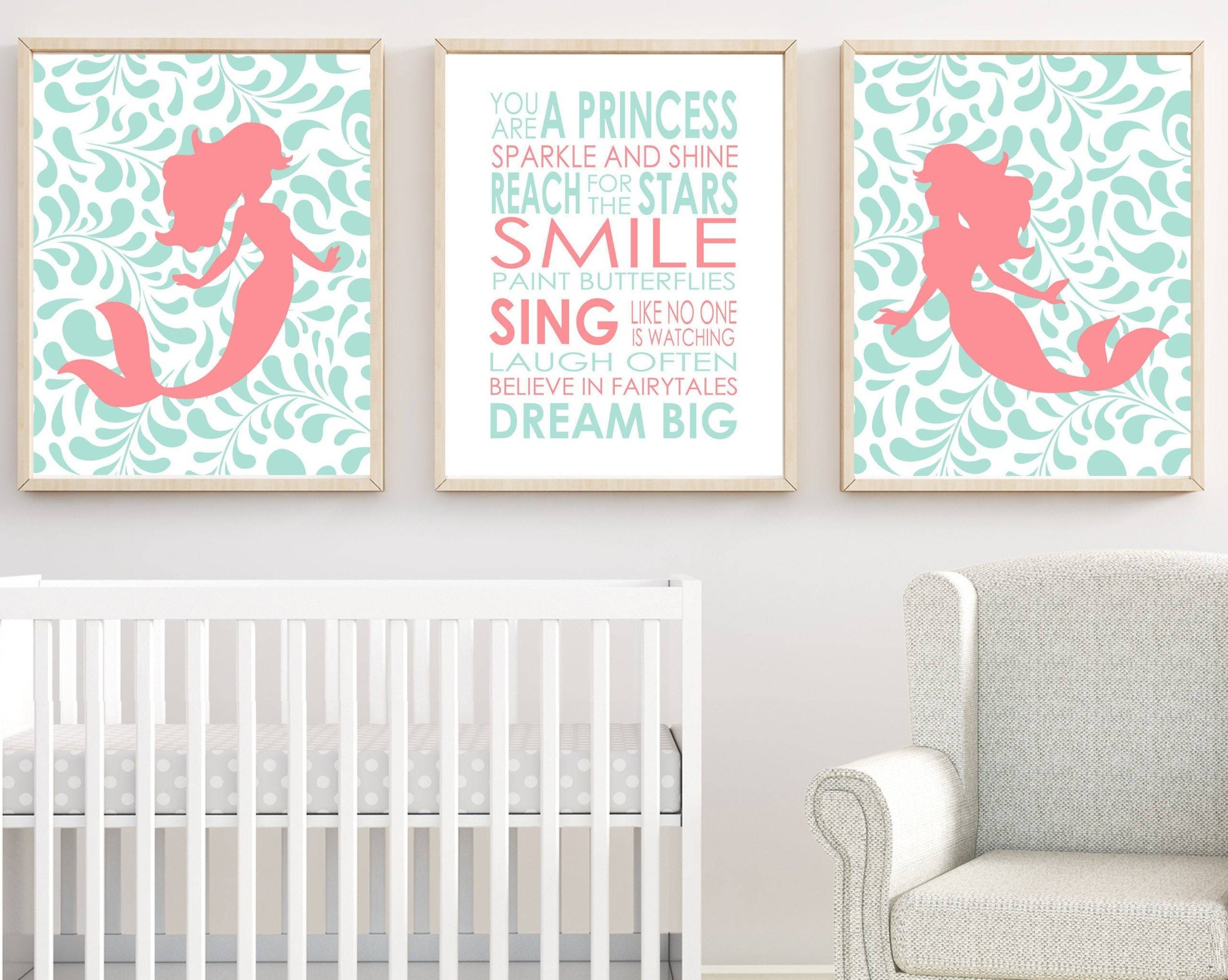 nursery art print baby nursery bedroom decor Mermaid Nursery Wall Art. Suits Mint and Coral Nursery Decor. Nursery Quote Dream Big Little One Quote. Baby Girl Bedroom Art. H255