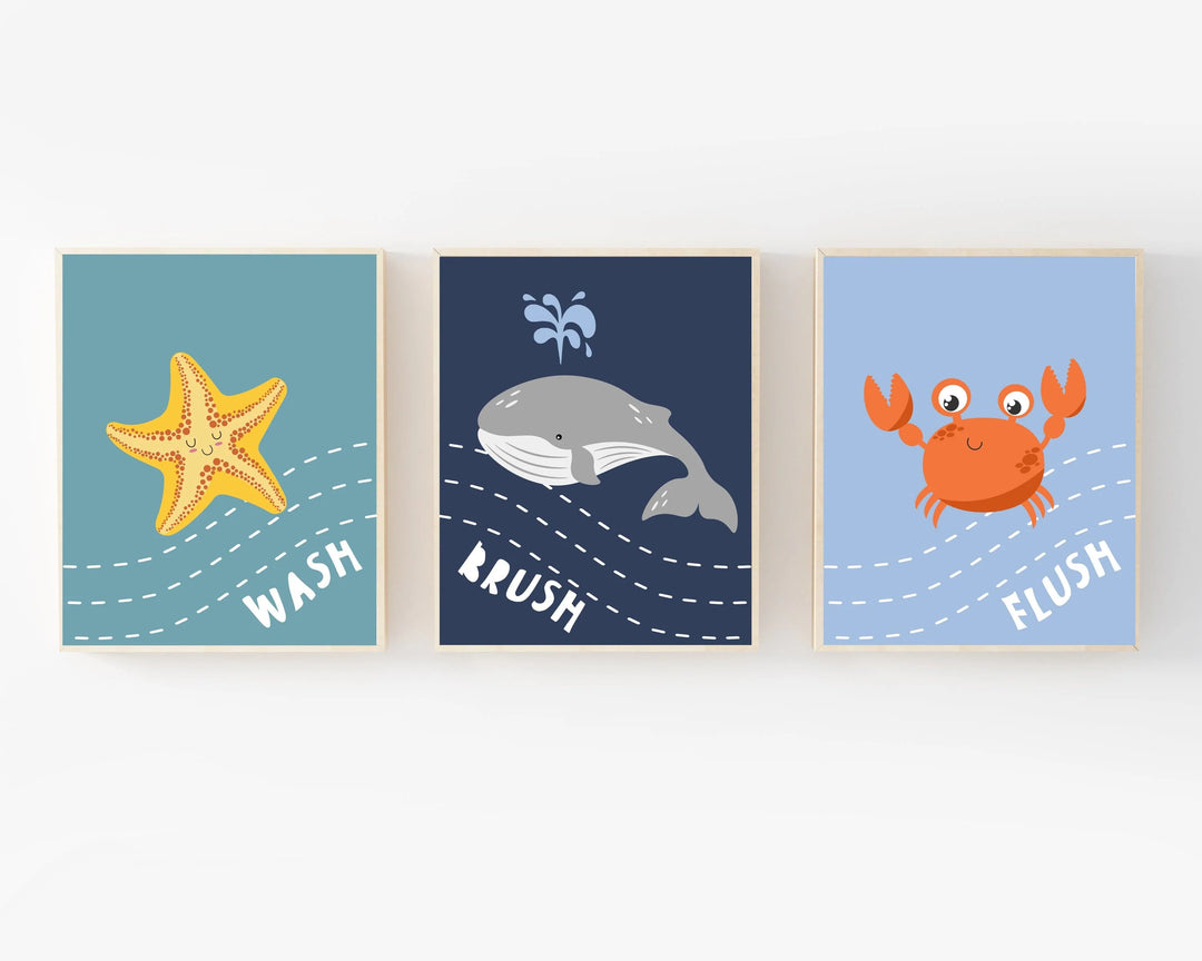 nursery art print baby nursery bedroom decor Kids bathroom wall art - Kids bathroom decor- Kids ocean bathroom - Bathroom prints - Printable bathroom art - Wash brush flush sign -H2723