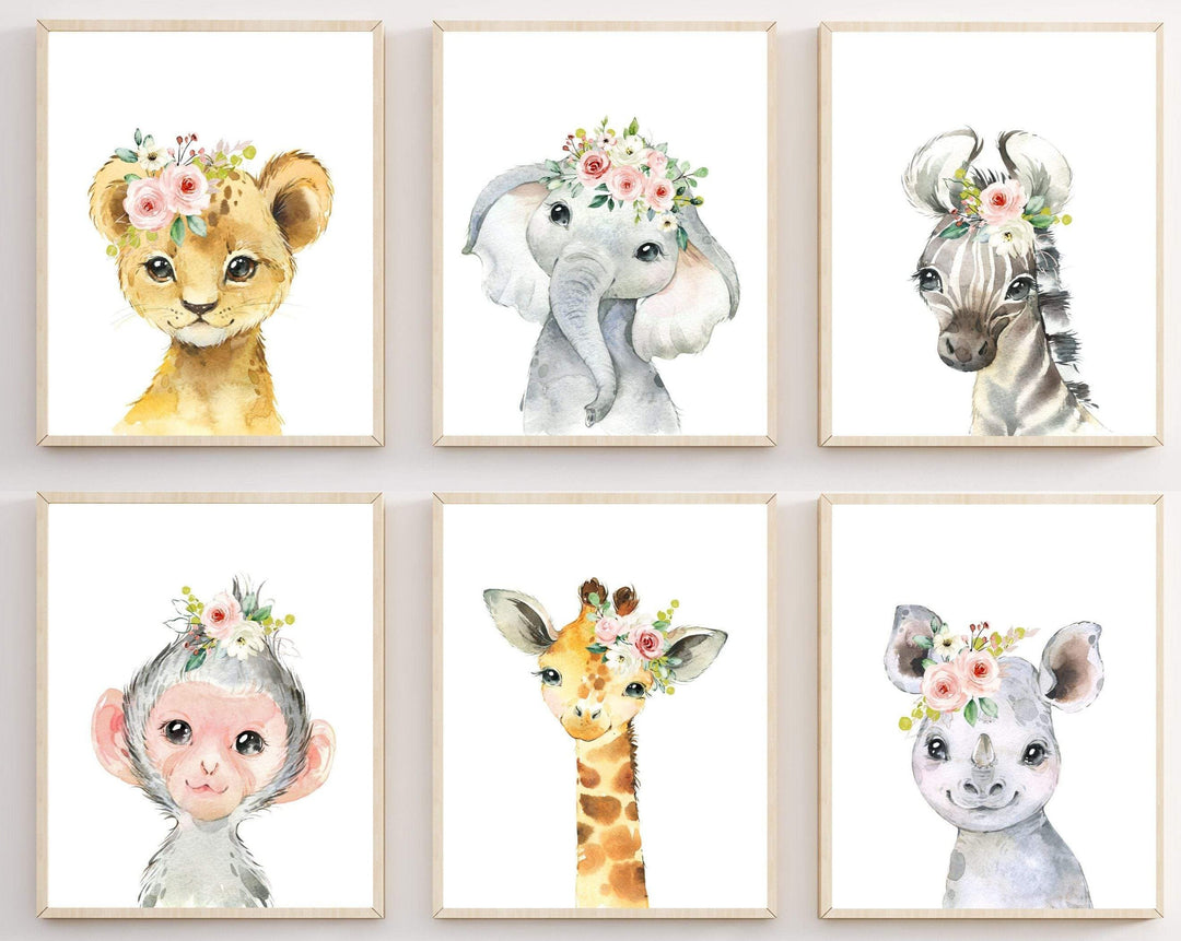 Nursery decor girl - Baby girl nursery wall art - Safari baby animal prints - Safari Animal print - Flower Crown animals - Printable nursery nursery art print baby nursery bedroom decor