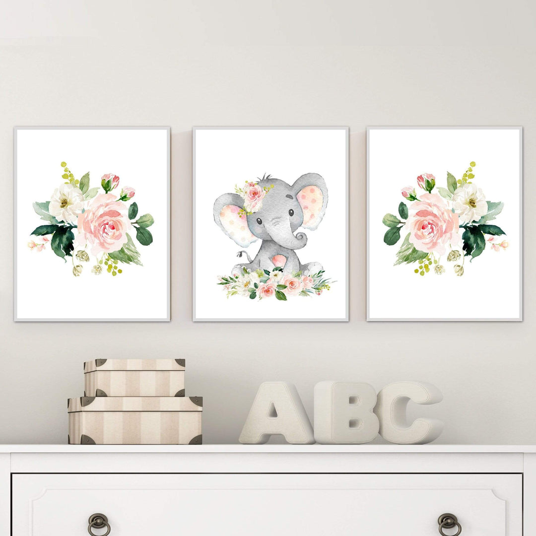 Pink floral elephant wall art - Watercolor elephant print - Blush pink wall art - Printable girl nursery decor - Baby girl nursery wall art nursery art print baby nursery bedroom decor