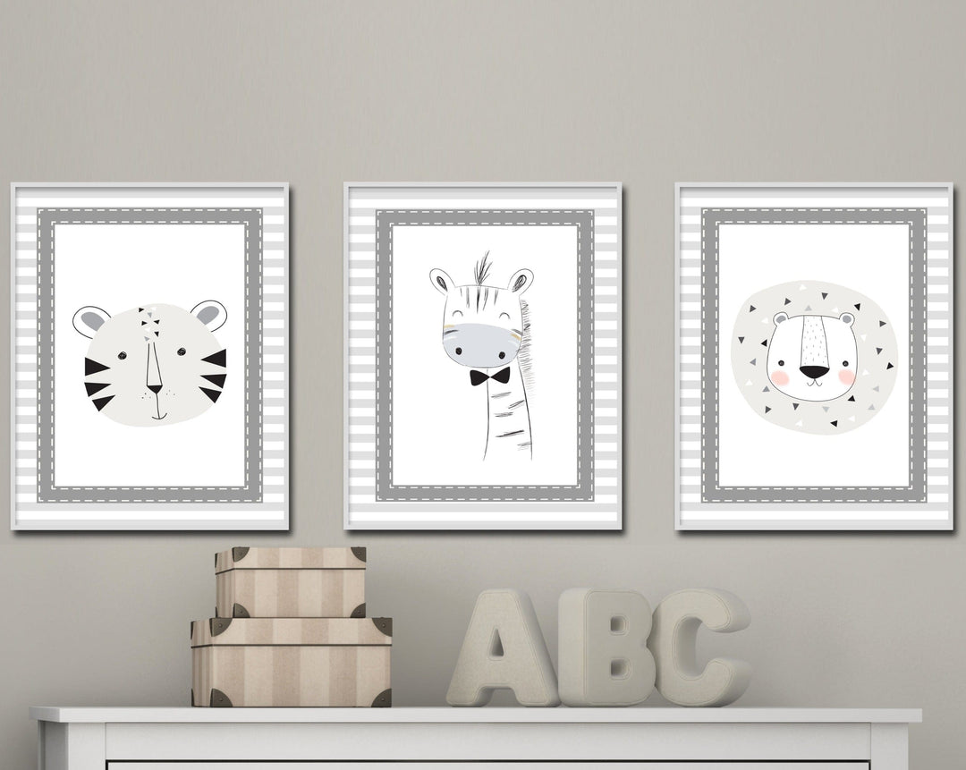 nursery art print baby nursery bedroom decor Jungle wall art, Baby nursery wall art decor, Suits gender neutral nursery, gray and white nursery wall art, set of 3 prints -  H328