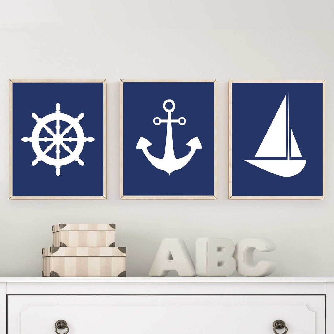 8x10 Anchor Sailboat Wall Art,  Nautical Wall Art, Suits Navy and White Bedroom Decor, Nautical Decor Includes Anchor, Sailboat, Ships Wheel H607 nursery art print baby nursery bedroom decor