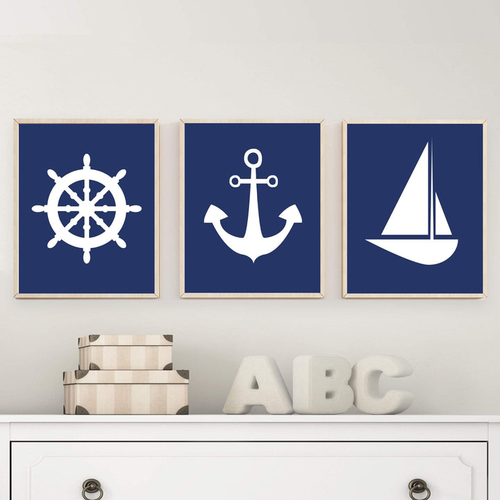 8x10 Anchor Sailboat Wall Art,  Nautical Wall Art, Suits Navy and White Bedroom Decor, Nautical Decor Includes Anchor, Sailboat, Ships Wheel H607 nursery art print baby nursery bedroom decor
