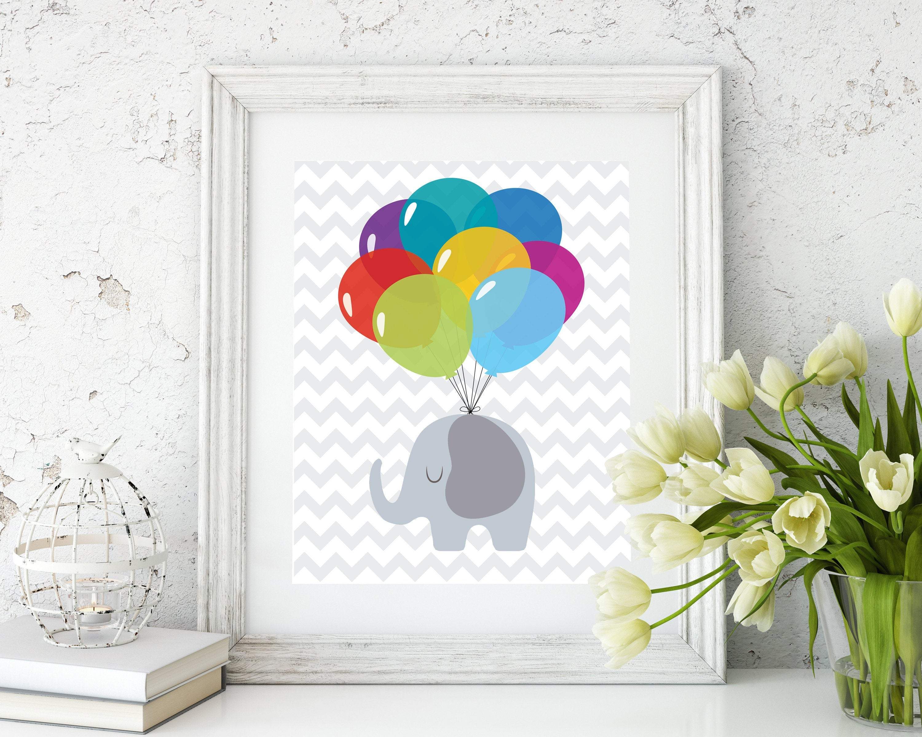 8x10 Baby elephant nursery picture - Baby Elephant with Balloons nursery art print baby nursery bedroom decor