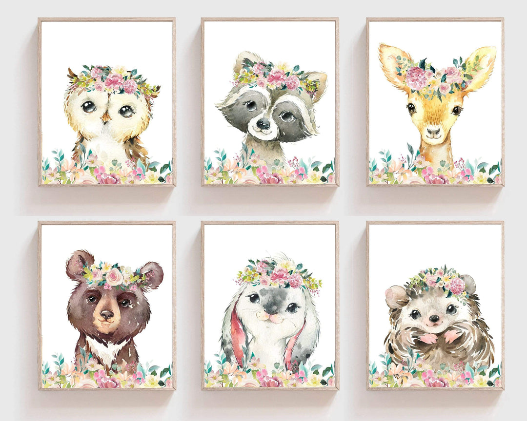8x10 Baby girl nursery wall art - Baby Woodland animal prints - Floral woodland wall art - Flower crown animals - Girls room decor - Girl Nursery nursery art print baby nursery bedroom decor