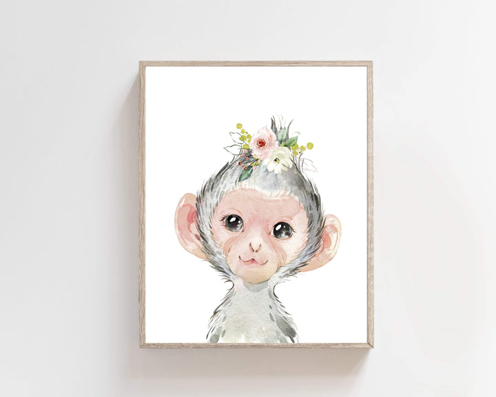 8x10 Baby Monkey with flower crown print | Baby girl nursery art print nursery art print baby nursery bedroom decor
