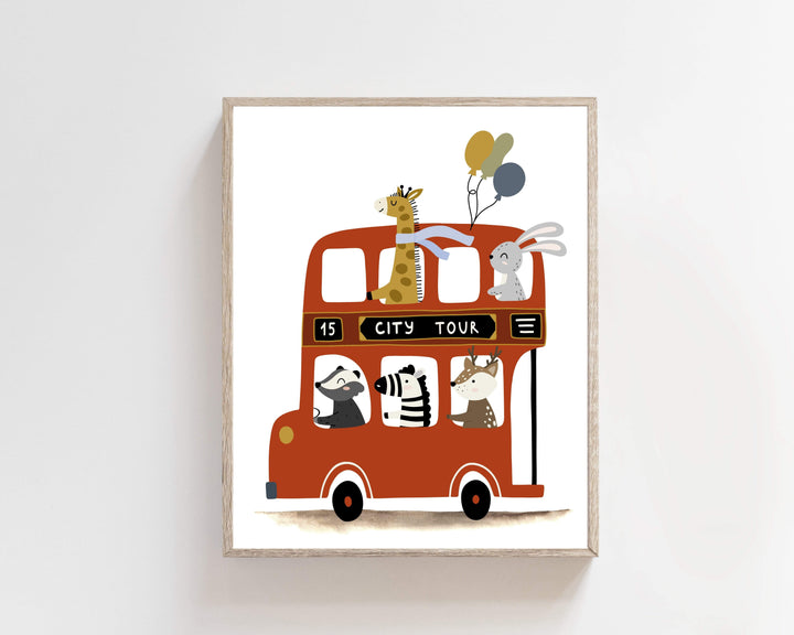 8x10 Bus wall Art | Zoo animals on a big red bus nursery art print baby nursery bedroom decor