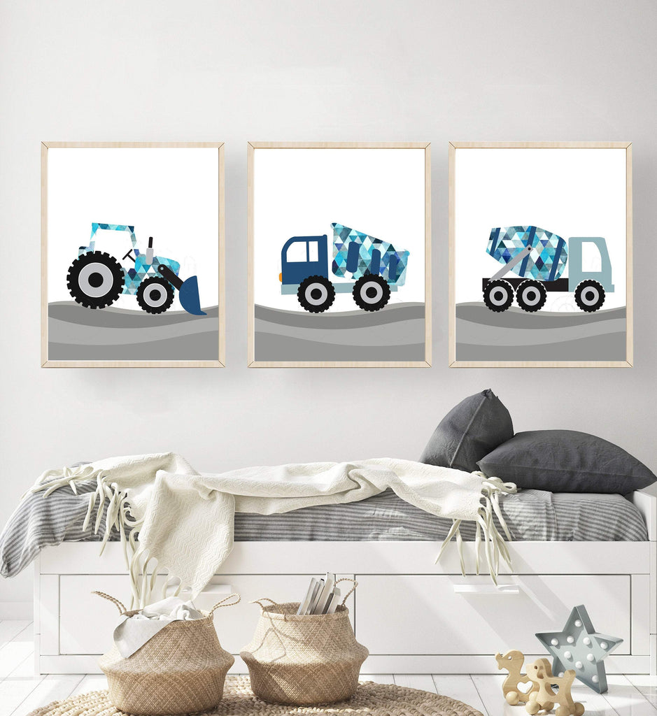 Construction nursery art Set of prints Truck poster Baby boy nursery decor Boys truck art Truck wall art Blue nursery decor