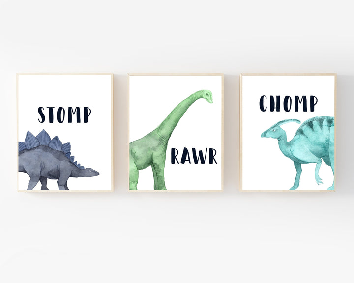 8x10 Dinosaur Nursery wall art - Set of 3 - Dinosaur prints - Boys bedroom art - Dinosaur nursery printable - Boys bedroom decor - Stomp Chomp nursery art print baby nursery bedroom decor