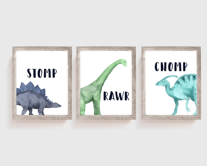8x10 Dinosaur Nursery wall art - Set of 3 - Stomp, Chomp & Rawr - Boys bedroom art nursery art print baby nursery bedroom decor