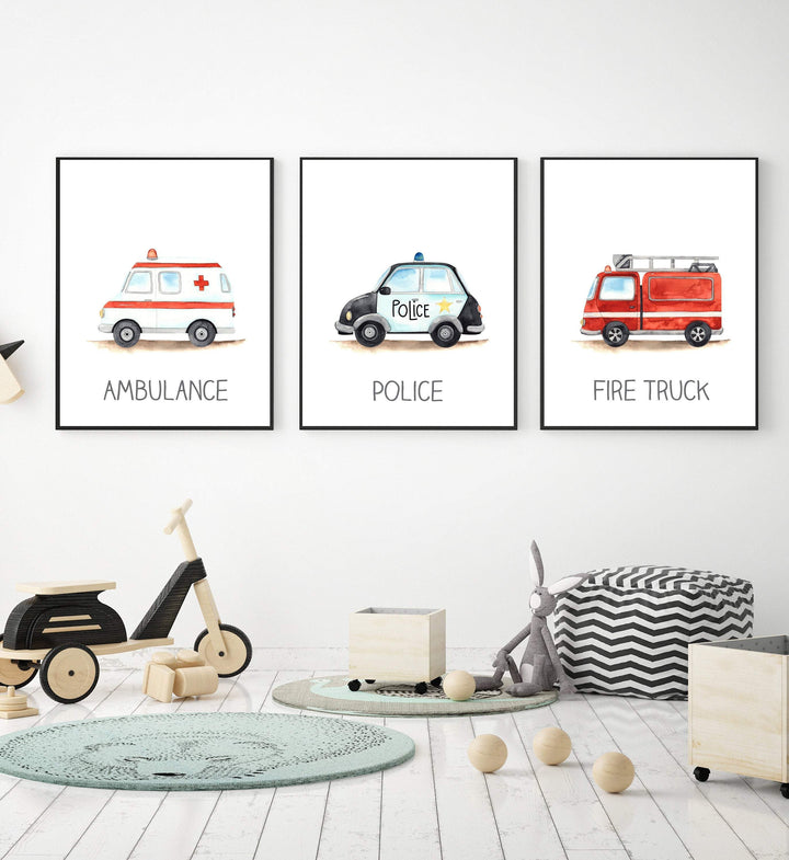 8x10 Emergency vehicle print - Boys wall art - Fire truck nursery decor - Ambulance poster - Police car wall art - Transportation wall art -H2419 nursery art print baby nursery bedroom decor