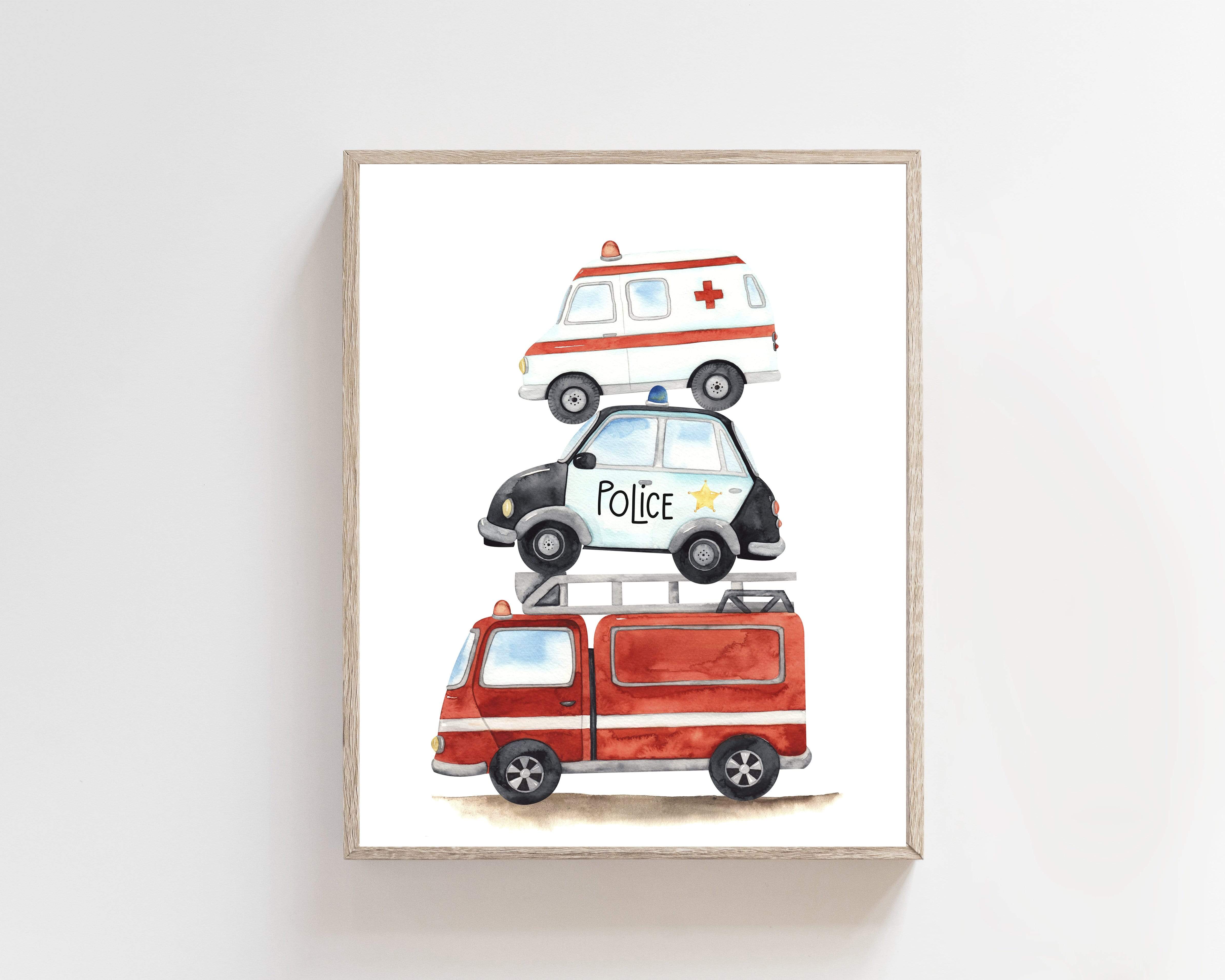 8x10 Emergency vehicles print - Boys room prints - Fire Engine decor - Ambulance poster - Police car wall art - Boy Toddler wall art - H2418 nursery art print baby nursery bedroom decor