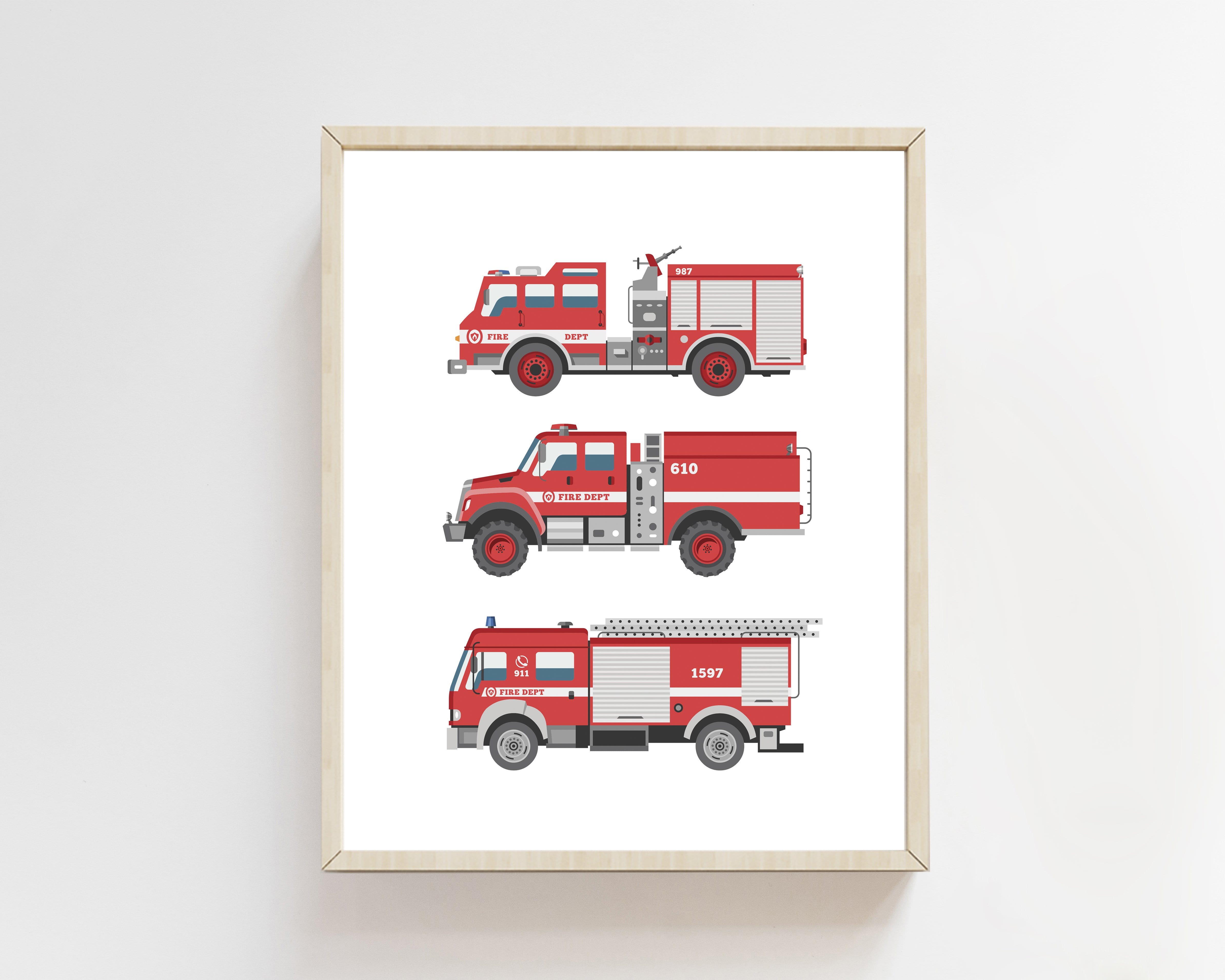 8x10 Fire engine print - Fire truck printable - Fire truck art print - Boy room prints - Boy nursery wall art - Transportation wall art  - H1990 nursery art print baby nursery bedroom decor