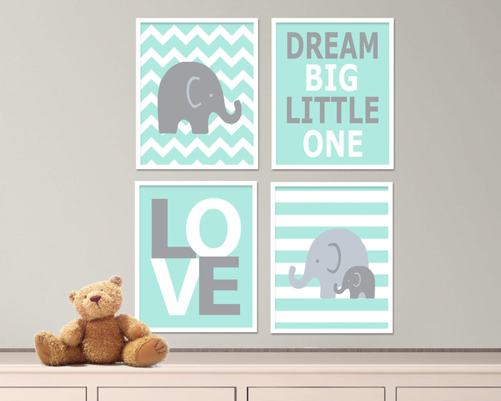 8x10 Love and Dream big little one Quote Prints with Elephants | Set of 4 nursery art print baby nursery bedroom decor