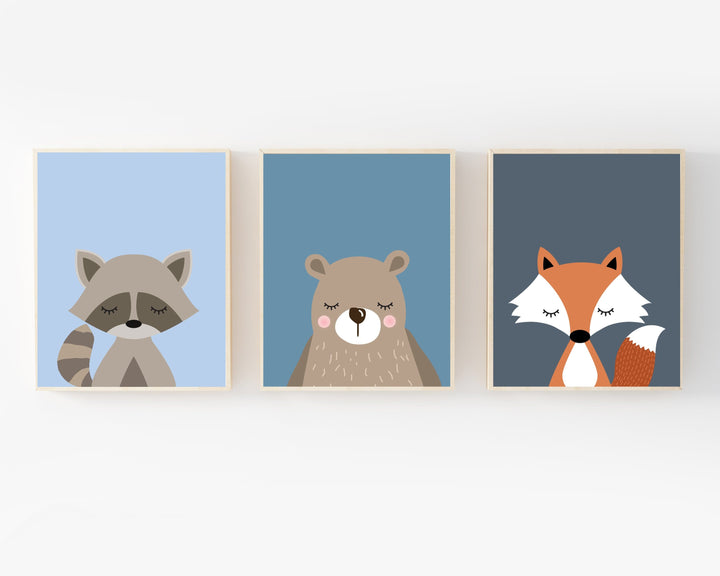 8x10 Printable nursery wall art - Boys room decor - Boys room wall art - Boy woodland nursery decor - Blue nursery decor - Bear Raccoon Fox nursery art print baby nursery bedroom decor