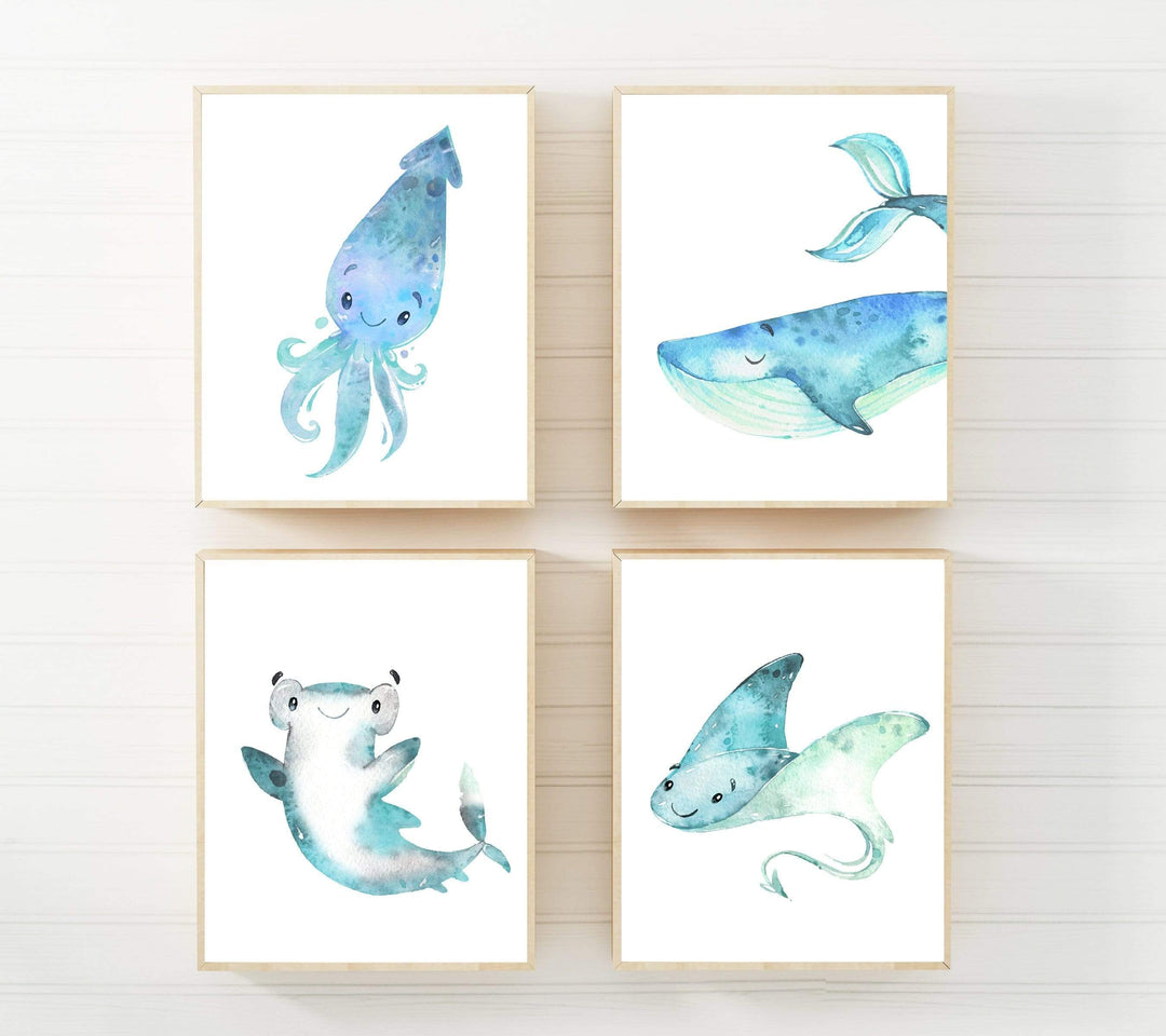 8x10 Set of 4 ocean prints - Boys nursery decor - Sea themed nursery - Ocean creature prints - Baby boy nursery wall art - Printable ocean art nursery art print baby nursery bedroom decor