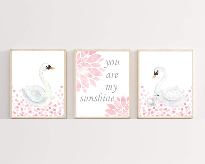 8x10 Swan Wall Art Print Set, Baby Girl Nursery Decor, Suits Pink and White Nursery, Girls Bedroom Wall Art, Set of 3 prints, Unframed - H576 nursery art print baby nursery bedroom decor