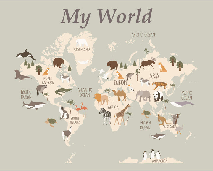 8x10 World map wall art - World map decor - Animal world map print - Kids room map - Kids world map - Printable world map for kids -  H2295 nursery art print baby nursery bedroom decor