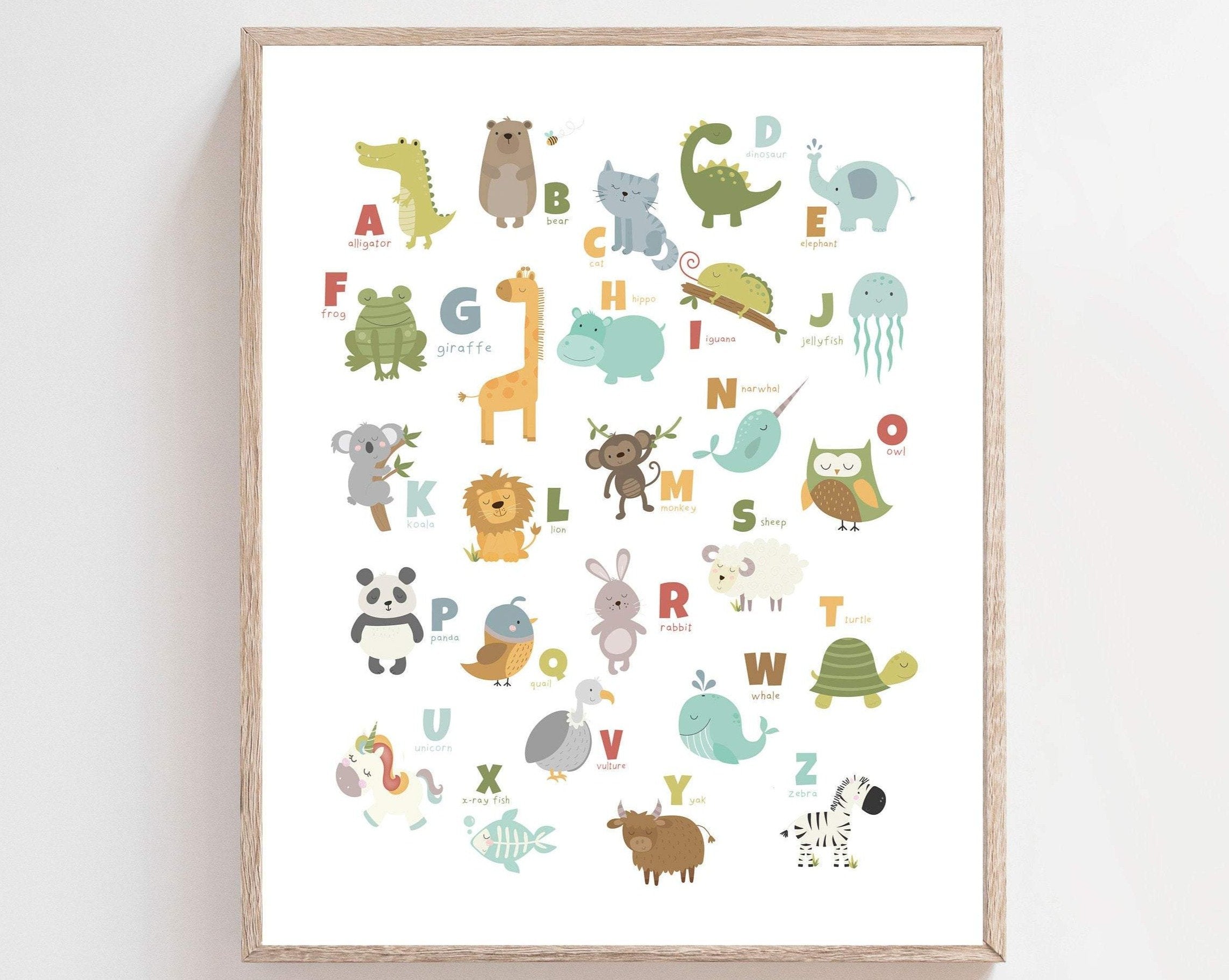 A4 Adorable animal alphabet print | Educational wall art nursery art print baby nursery bedroom decor