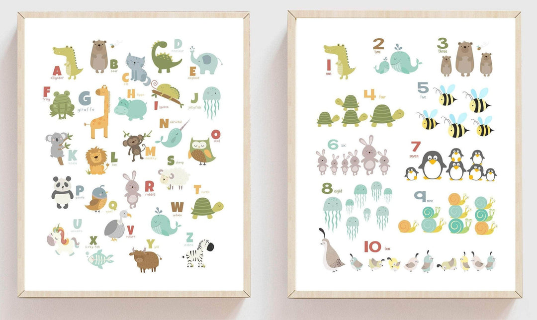 A4 Alphabet and numbers kids print | Animal art nursery art print baby nursery bedroom decor
