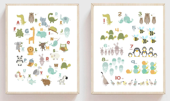 A4 Alphabet and numbers kids print | Animal art nursery art print baby nursery bedroom decor