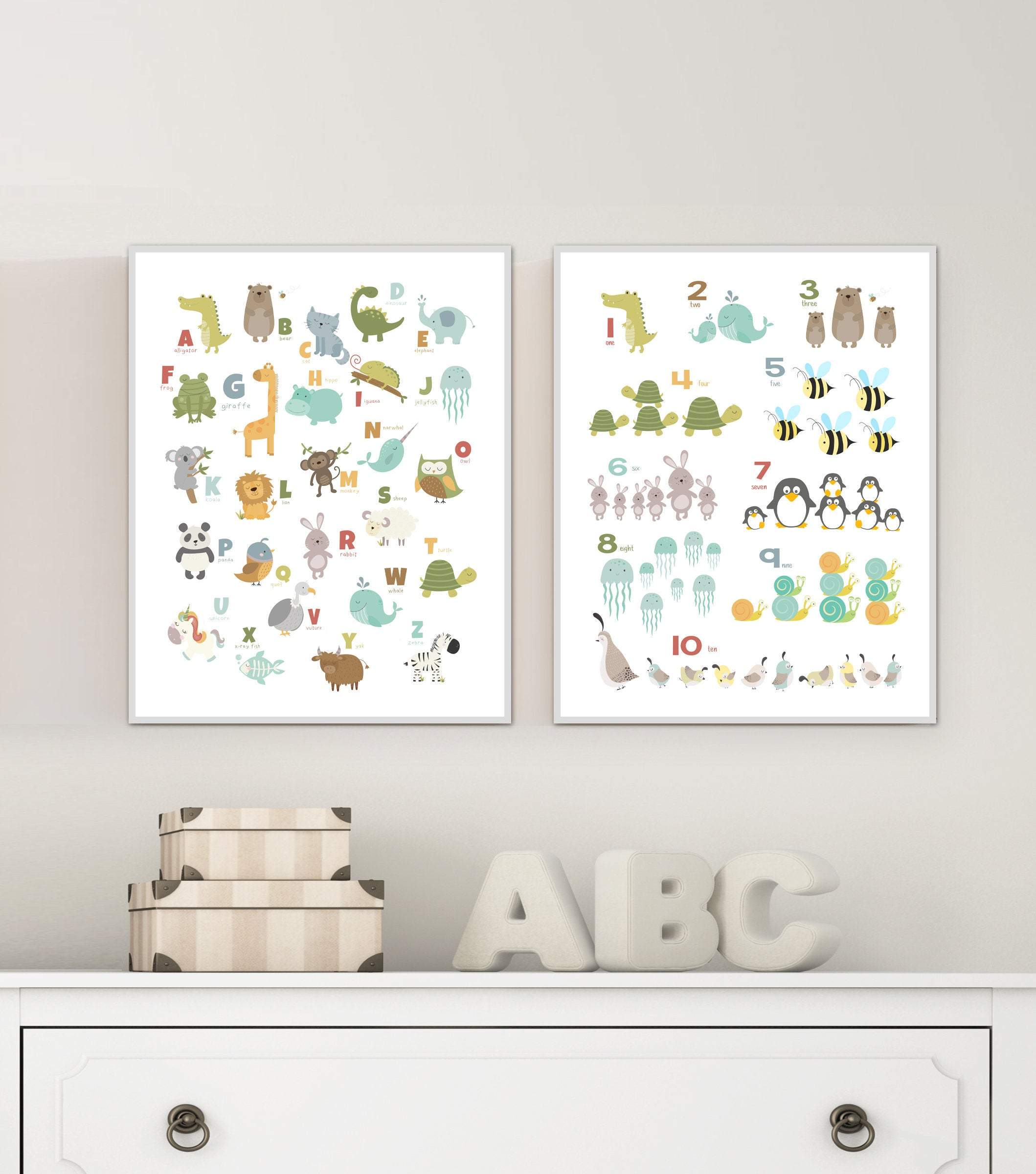 Alphabet and numbers kids print | Animal art nursery art print baby nursery bedroom decor