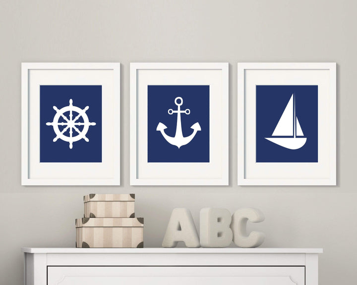 Anchor Sailboat Wall Art,  Nautical Wall Art, Suits Navy and White Bedroom Decor, Nautical Decor Includes Anchor, Sailboat, Ships Wheel H607 nursery art print baby nursery bedroom decor