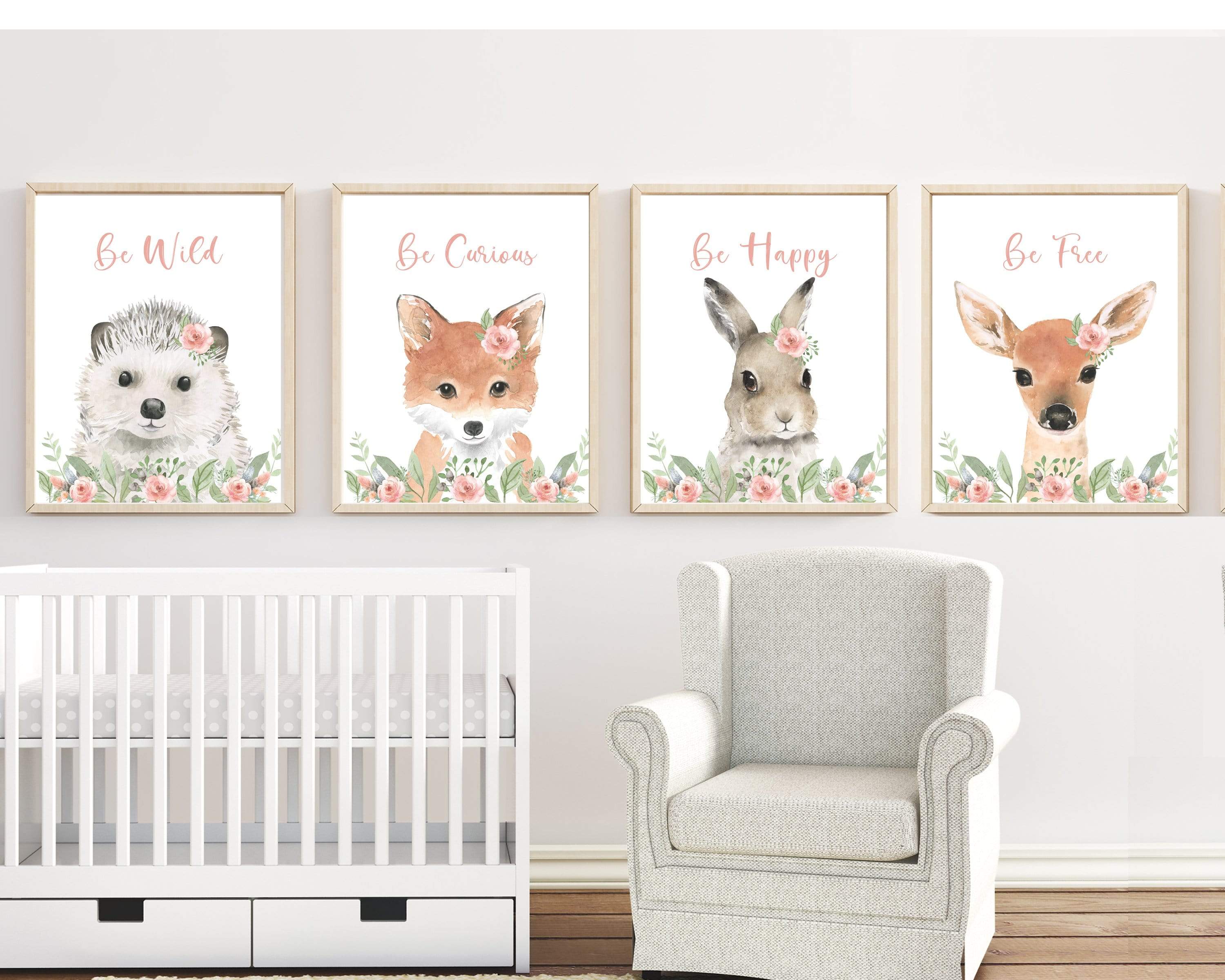 Animals with flowers - Blush pink flowers - Forest animals print - Cute forest animal art - Baby girl nursery art - Woodland animal set nursery art print baby nursery bedroom decor