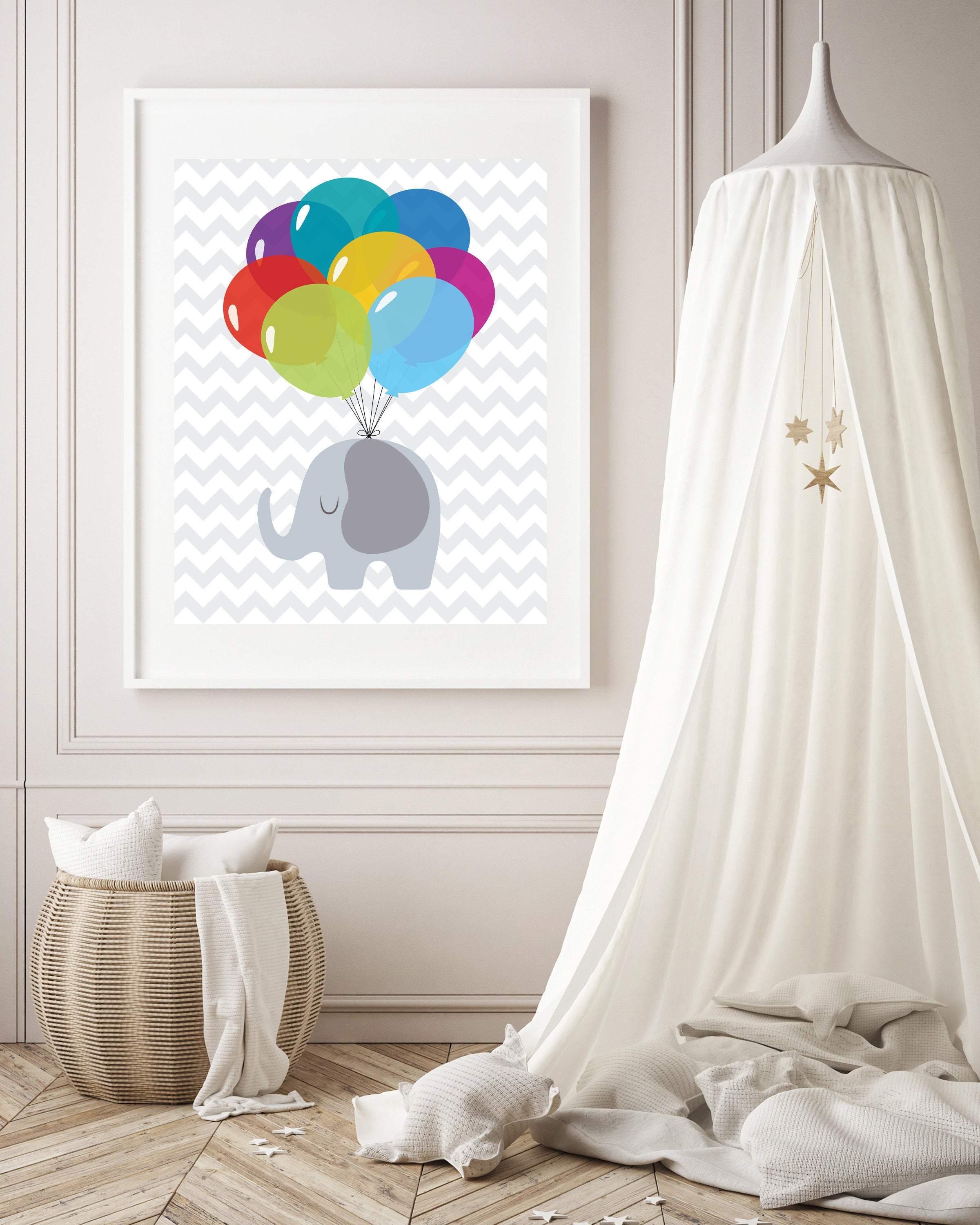 Baby elephant nursery picture - Baby Elephant with Balloons nursery art print baby nursery bedroom decor