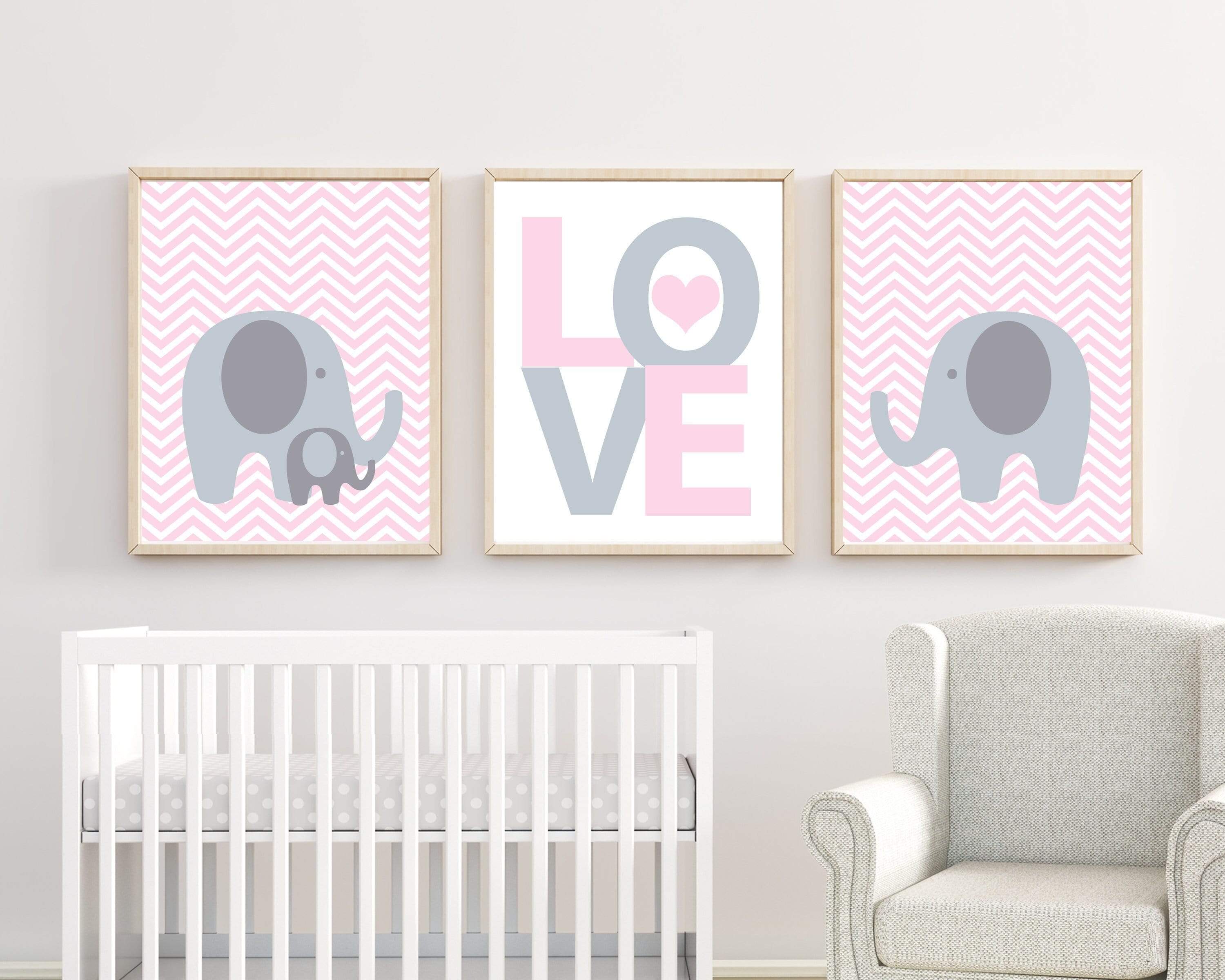 Baby Girl Nursery Pink and Grey Elephant Wall Art Print. Baby Girl Chevron Wall Art. Girls Bedroom Decor - H257 - Unframed nursery art print baby nursery bedroom decor