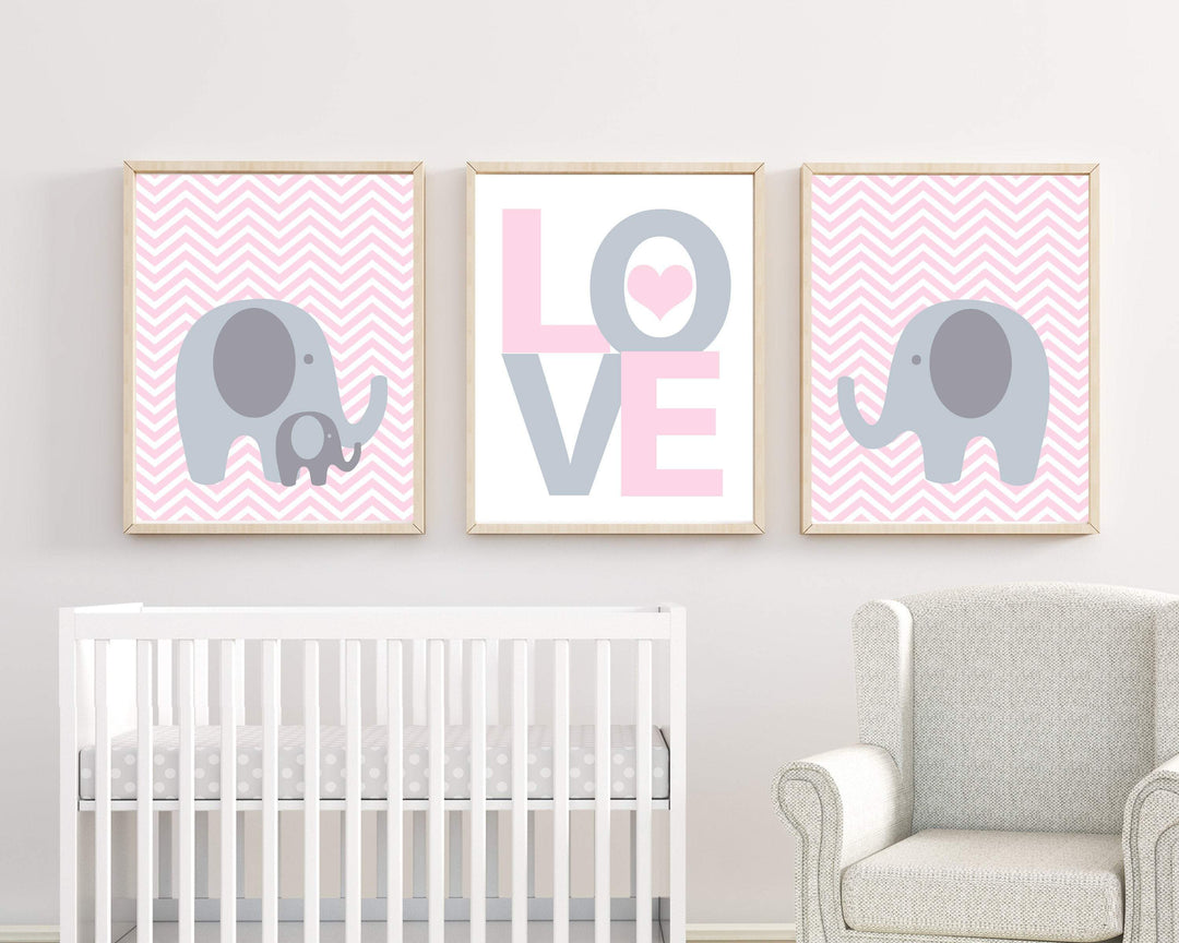 Baby Girl Nursery Pink and Grey Elephant Wall Art Print nursery art print baby nursery bedroom decor