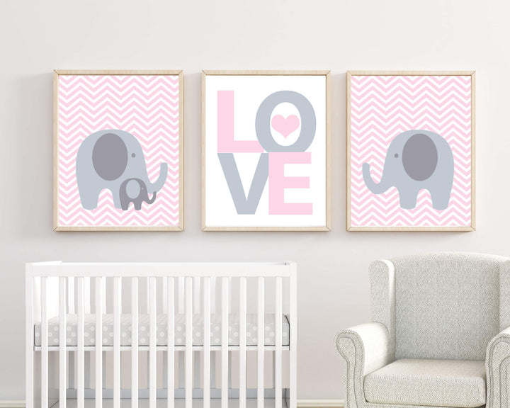 Baby Girl Nursery Pink and Grey Elephant Wall Art Print nursery art print baby nursery bedroom decor