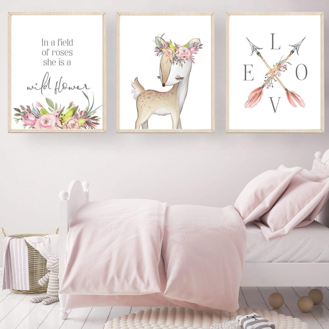 Baby girl nursery wall art - Girls wall art - Girls printable wall art - Floral nursery decor - Watercolor deer digital - Deer wall art nursery art print baby nursery bedroom decor