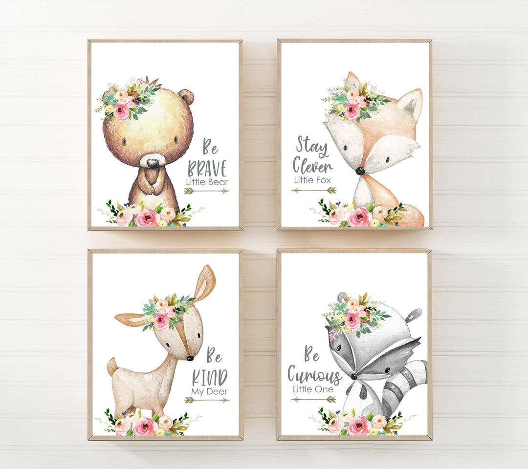 Baby girl woodland nursery prints | Set of 4 woodland animals for a girls room nursery art print baby nursery bedroom decor