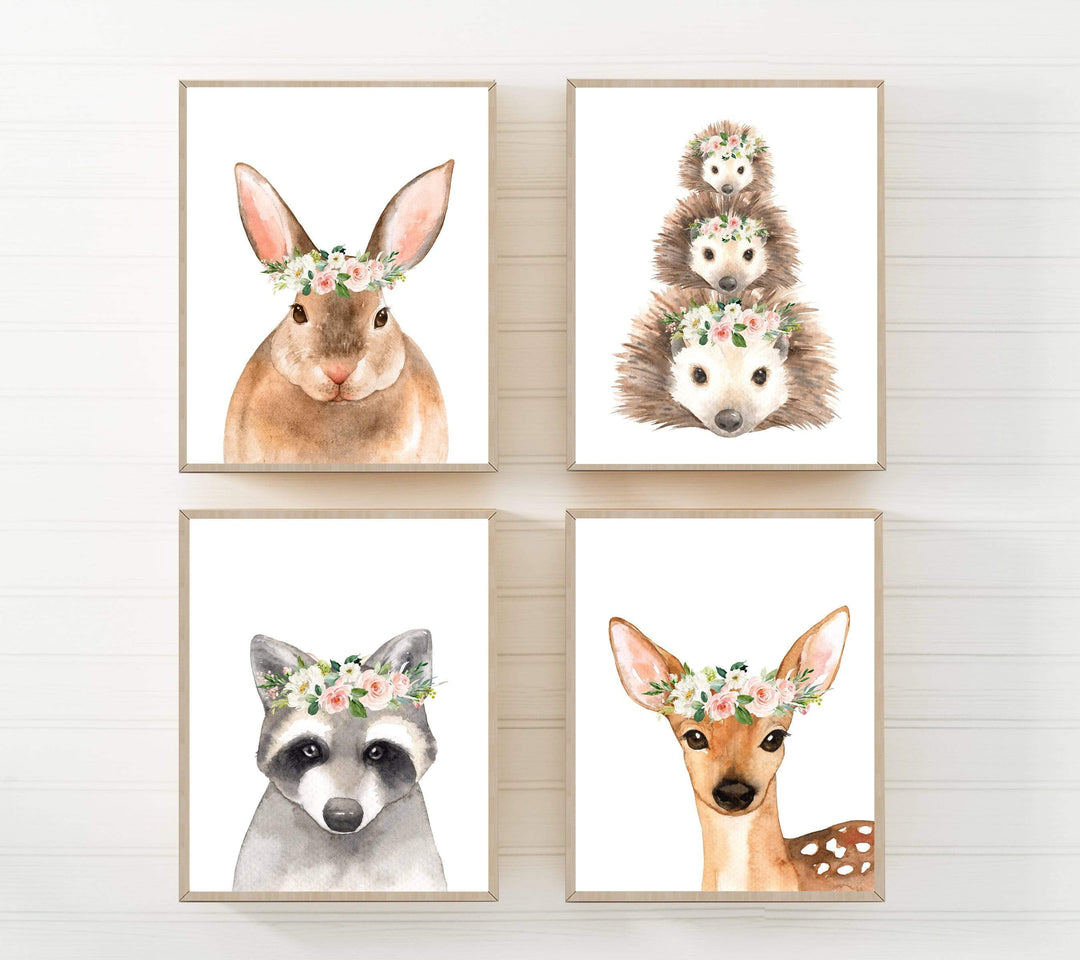 Baby girl woodland nursery theme - Floral nursery decor with woodland animals nursery art print baby nursery bedroom decor