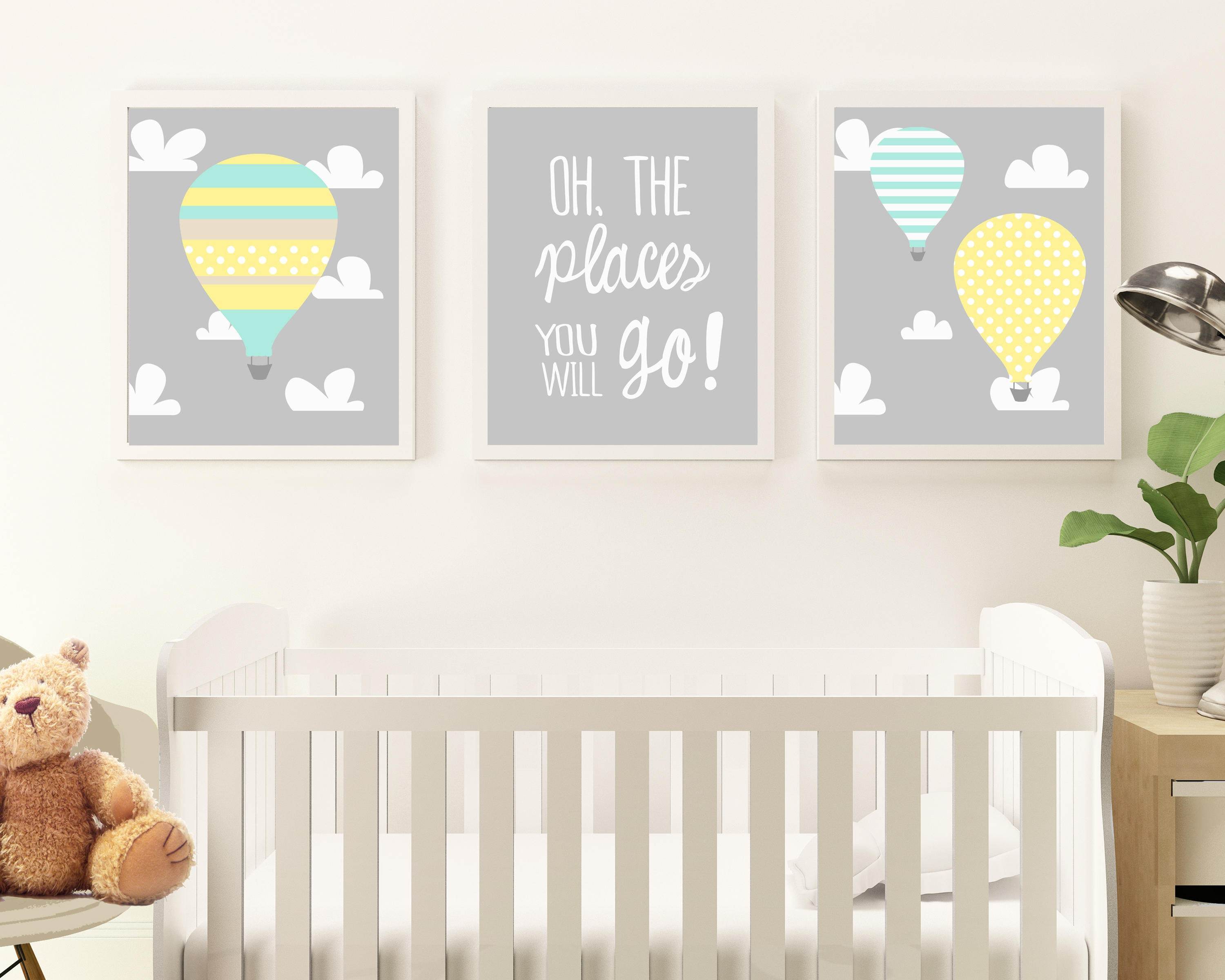 Baby hot air balloon wall art, Blue Mint, Yellow Nursery decor, Oh the places you will go Baby room art prints, Hot air balloon nursery H585 nursery art print baby nursery bedroom decor