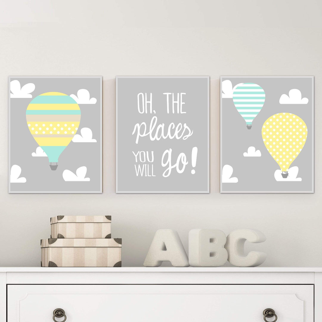 Baby hot air balloon wall art, Blue Mint, Yellow Nursery decor, Oh the places you will go Baby room art prints, Hot air balloon nursery H585 nursery art print baby nursery bedroom decor