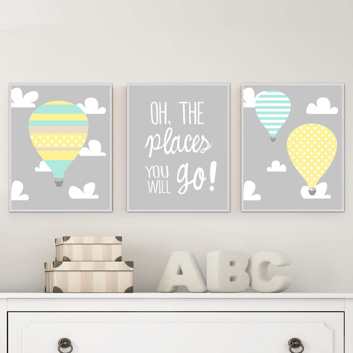 Baby hot air balloon wall art, Blue Mint, Yellow Nursery decor, Oh the places you will go Baby room art prints, Hot air balloon nursery H585 nursery art print baby nursery bedroom decor