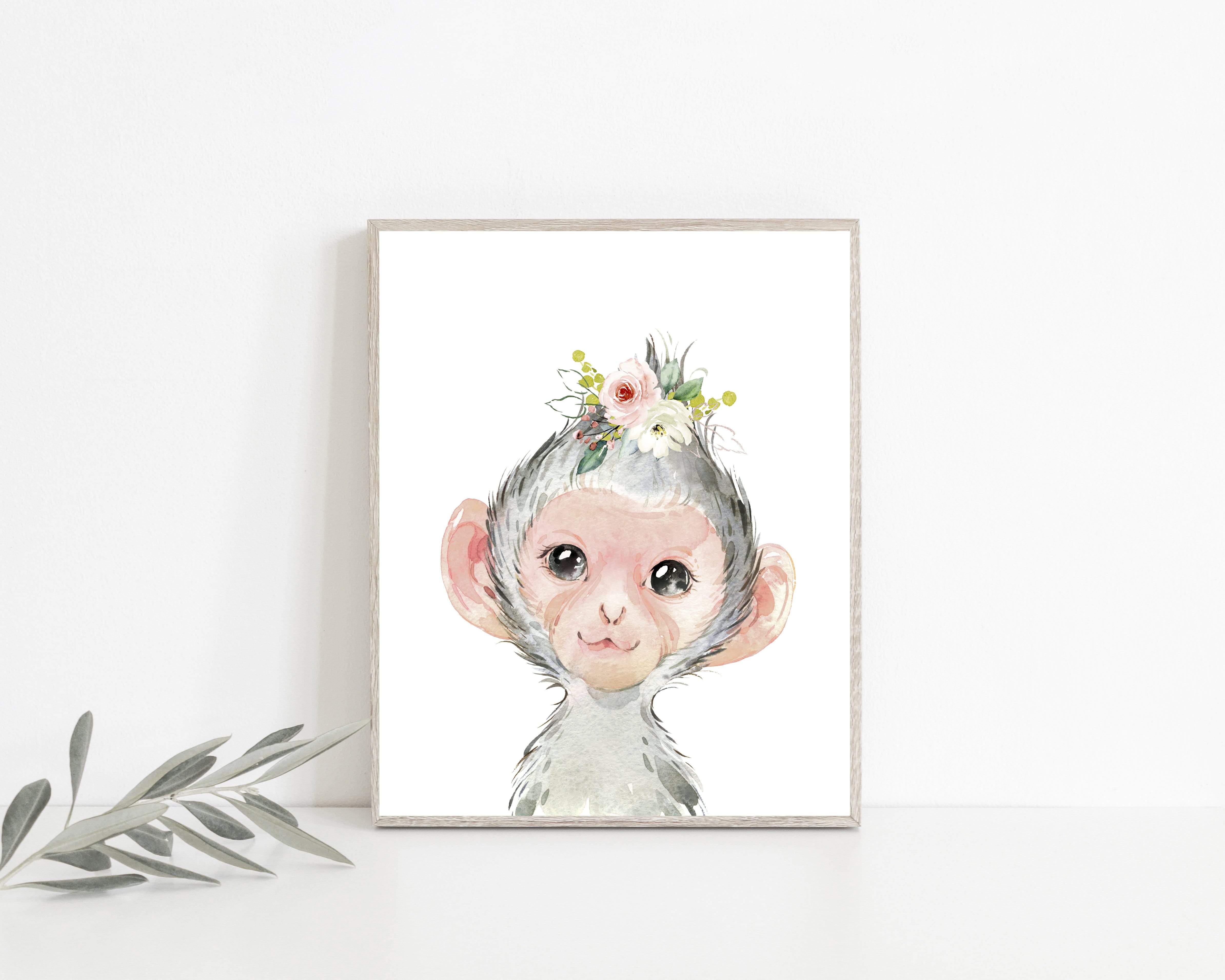 Baby Monkey with flower crown print | Baby girl nursery art print nursery art print baby nursery bedroom decor