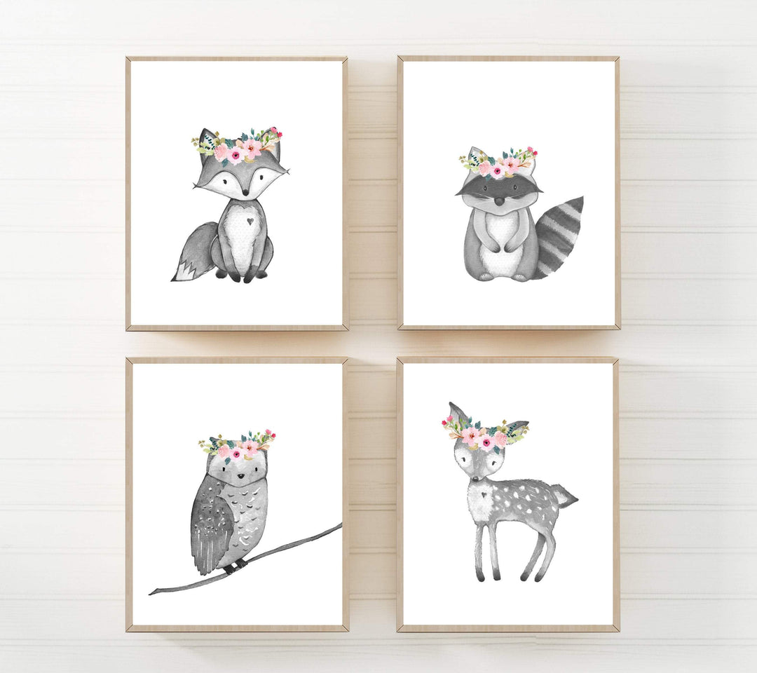 Baby Woodland Animals Black and White Prints | Set of 4 nursery art print baby nursery bedroom decor