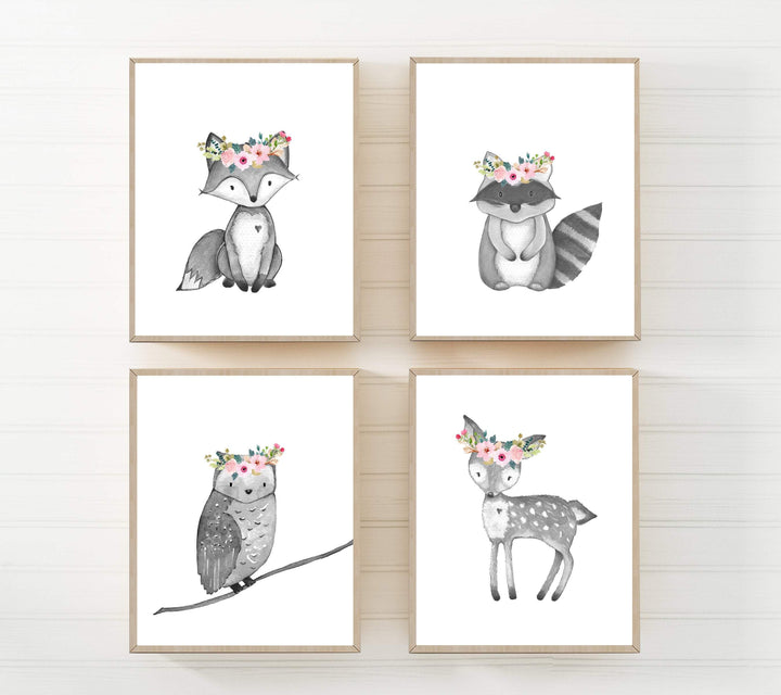 Baby Woodland Animals Black and White Prints | Set of 4 nursery art print baby nursery bedroom decor