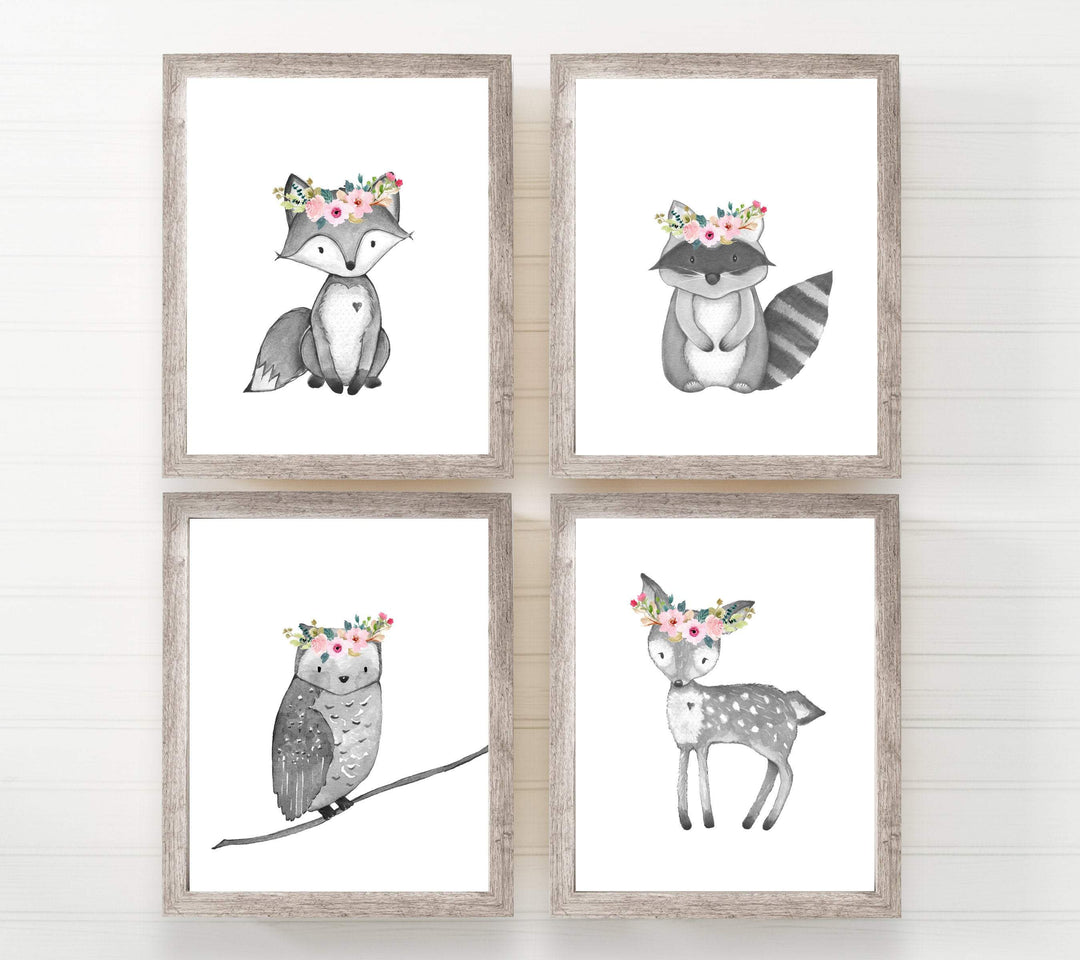 Baby Woodland Animals Black and White Prints | Set of 4 nursery art print baby nursery bedroom decor