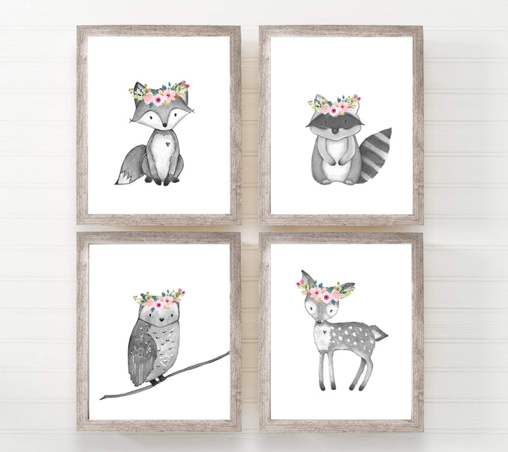 Baby Woodland Animals Black and White Prints | Set of 4 nursery art print baby nursery bedroom decor