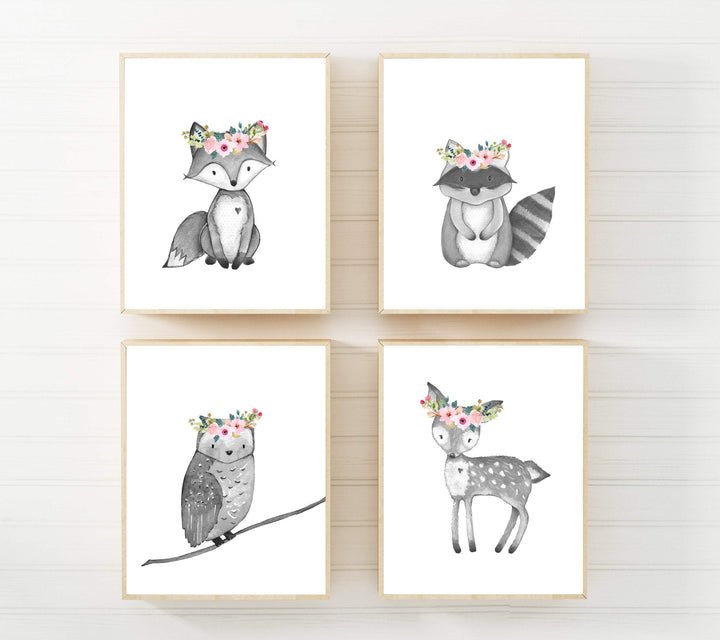 Baby Woodland Animals Black and White Prints | Set of 4 nursery art print baby nursery bedroom decor